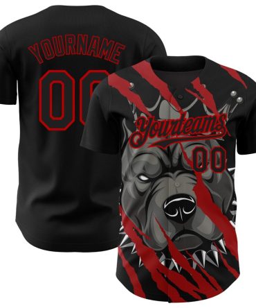 Custom Black Red 3D Pattern Design Animal Pitbull Dog Authentic Baseball Jersey