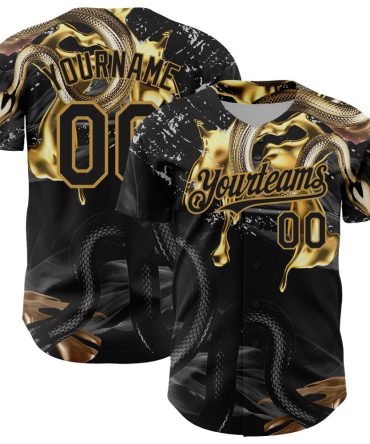 Custom Black Old Gold 3D Pattern Design Animal Snake Authentic Baseball Jersey