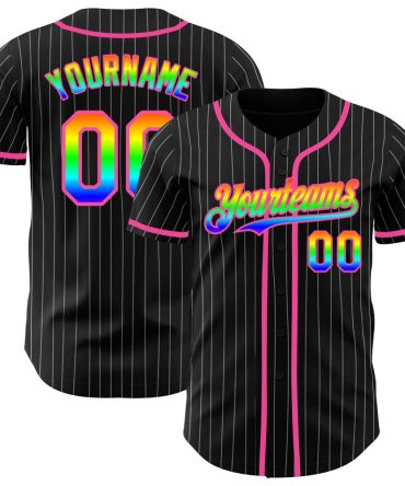 Custom Black White Pinstripe Rainbow-Pink 3D Authentic Baseball Jersey