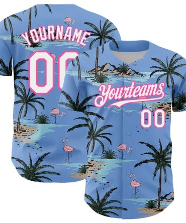 Custom Light Blue White-Pink 3D Pattern Design Tropical Hawaii Palm Trees Authentic Baseball Jersey