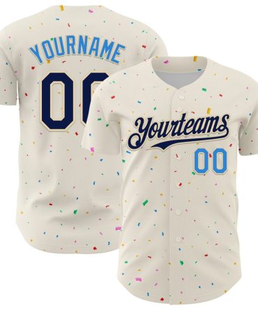 Custom Cream Navy-Electric Blue 3D Pattern Design Confetti Authentic Baseball Jersey