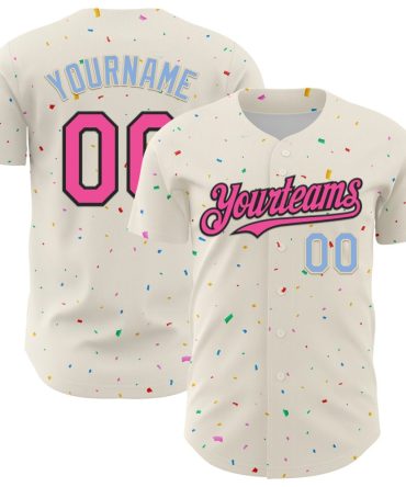 Custom Cream Pink Black-Light Blue 3D Pattern Design Confetti Authentic Baseball Jersey