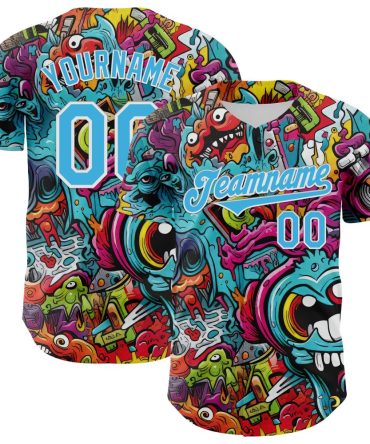 Custom White Sky Blue 3D Pattern Design Rave Psychedelic Authentic Baseball Jersey