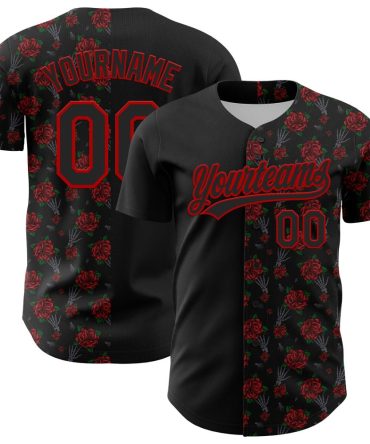 Custom Black Red 3D Pattern Design Gothic Style Rose Authentic Baseball Jersey