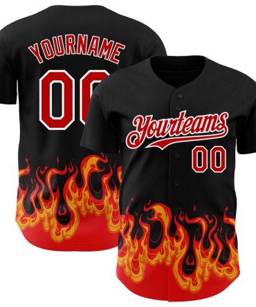 Custom Black Red-White 3D Pattern Design Flame Authentic Baseball Jersey