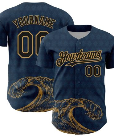 Custom Us Navy Blue Black-Old Gold 3D Pattern Design Wave Authentic Baseball Jersey