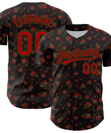 Custom Black Red-Green 3D Pattern Design Gothic Style Rose Authentic Baseball Jersey