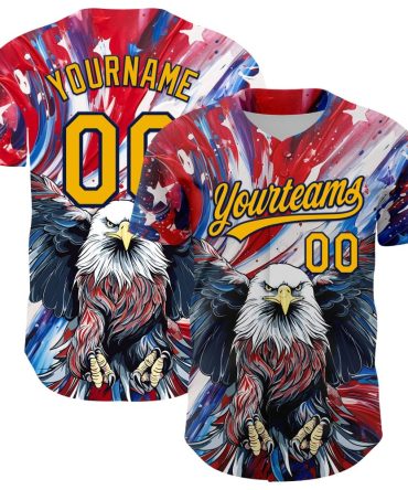 Custom Red Gold-Navy 3D American Flag Eagle And Star Authentic Baseball Jersey