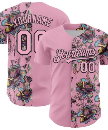 Custom Light Pink Black 3D Pattern Design Vintage Tattoos Authentic Baseball Jersey