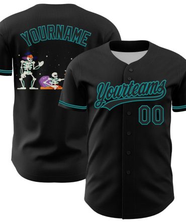 Custom Black Teal 3D Halloween Authentic Baseball Jersey