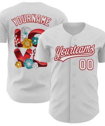 Custom White Red 3D Love Heart Valentine'S Day Authentic Baseball Jersey