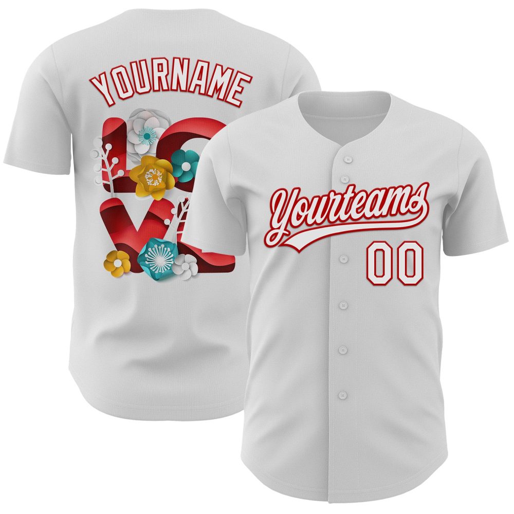 Custom White Red 3D Love Heart Valentine'S Day Authentic Baseball Jersey