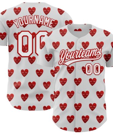 Custom White Red 3D Love Heart Valentine'S Day Authentic Baseball Jersey