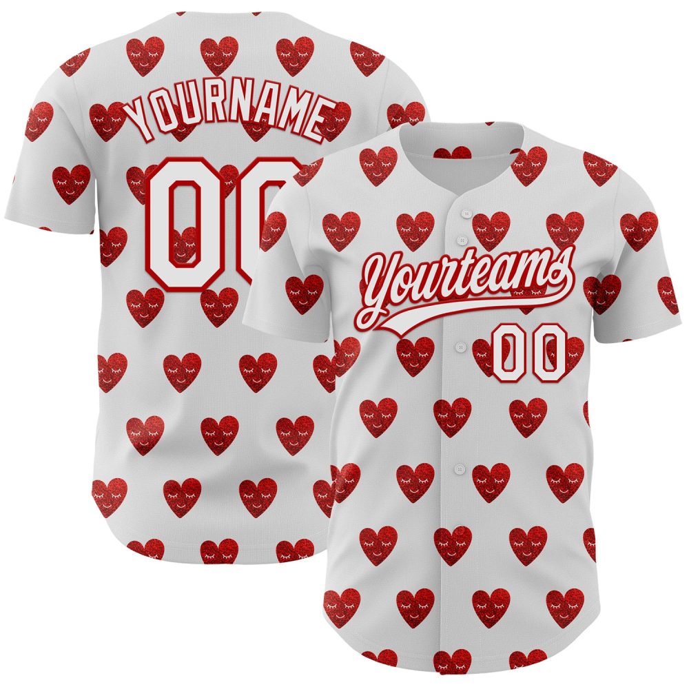 Custom White Red 3D Love Heart Valentine'S Day Authentic Baseball Jersey