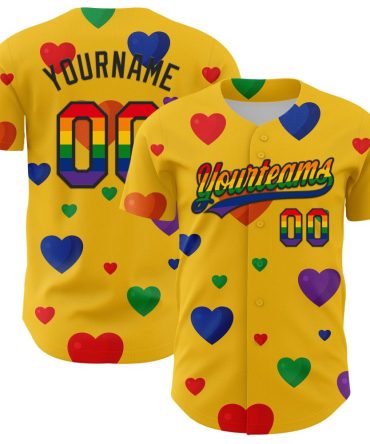 Custom Yellow Rainbow-Black 3D Love Heart Valentine'S Day Authentic Baseball Jersey