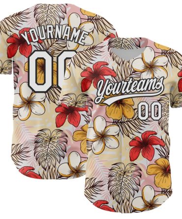 Custom White Black 3D Tropical Hawaii Jungle Leaves And Flower Authentic Baseball Jersey