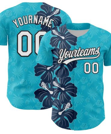 Custom Lakes Blue White-Black 3D Tropical Hawaii Jungle Leaves And Flower Authentic Baseball Jersey