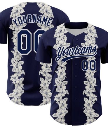 Custom Navy White 3D Tropical Hawaii Leaves And Flower Authentic Baseball Jersey