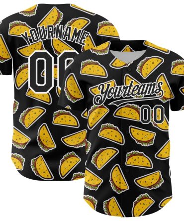 Custom Black White 3D Mexican Festival Taco Cinco De Mayo Authentic Baseball Jersey