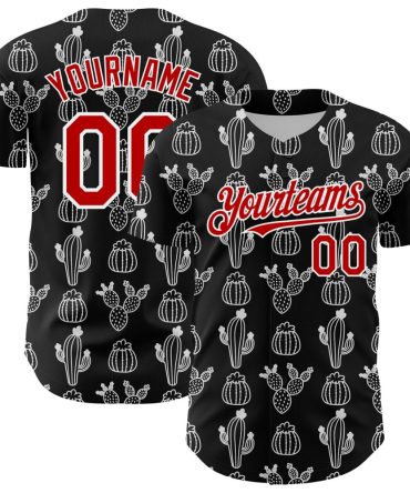 Custom Black Red-White 3D Mexican Cactus Authentic Baseball Jersey