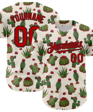 Custom Cream Red-Black 3D Mexican Cactus Authentic Baseball Jersey