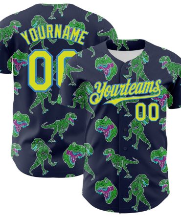 Custom Navy Neon Yellow-Electric Blue 3D Pattern Design Rave Psychedelic Neon Dinosaur Authentic Baseball Jersey
