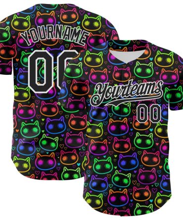 Custom Black White 3D Pattern Design Rave Psychedelic Neon Cartoon Cat Authentic Baseball Jersey