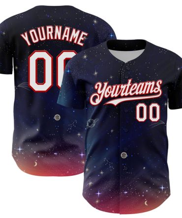 Custom Navy White-Red 3D Pattern Design Space Galaxy Star Authentic Baseball Jersey