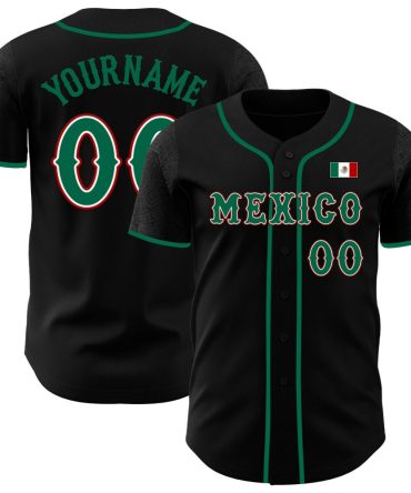 Custom Black Kelly Green White-Red 3D Mexico Mexican Flag Authentic Baseball Jersey