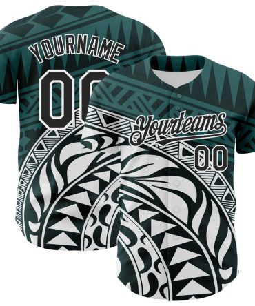 Custom Teal Black-White 3D Polynesian Style Islander Authentic Baseball Jersey