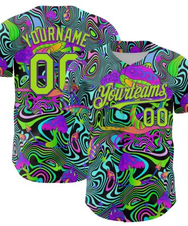 Custom Purple Neon Green 3D Pattern Design Trippy Groovy Magic Mushrooms Authentic Baseball Jersey