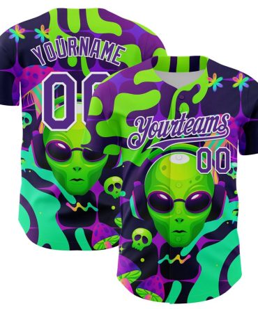 Custom Black Purple-White 3D Pattern Design Trippy Skull Alien Authentic Baseball Jersey