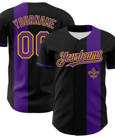 Custom Black Purple-Gold 3D Pattern Design Mardi Gras Shrove Tuesday Authentic Baseball Jersey