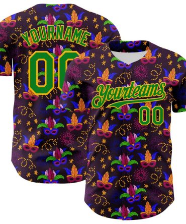 Custom Purple Grass Green-Gold 3D Pattern Design Mardi Gras Shrove Tuesday Authentic Baseball Jersey