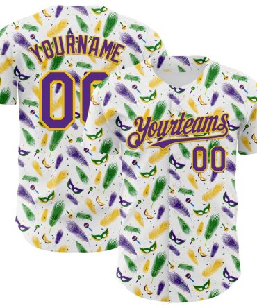 Custom White Purple-Yellow 3D Pattern Design Mardi Gras Shrove Tuesday Authentic Baseball Jersey