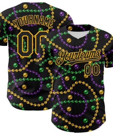 Custom Black Gold 3D Pattern Design Mardi Gras Shrove Tuesday Authentic Baseball Jersey