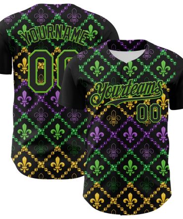 Custom Black Aurora Green 3D Pattern Design Mardi Gras Shrove Tuesday Authentic Baseball Jersey
