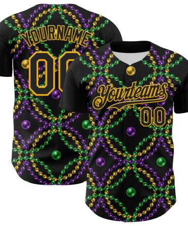 Custom Black Gold 3D Pattern Design Mardi Gras Shrove Tuesday Authentic Baseball Jersey