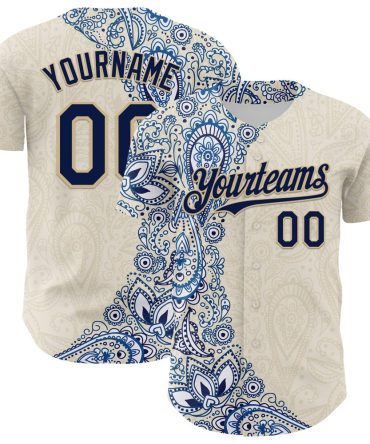 Custom Cream Navy Royal-Vegas Gold 3D Pattern Design Burner Costumes Paisley Authentic Baseball Jersey