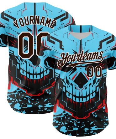 Custom Blue Brown-White 3D Pattern Design Burner Costumes Cyber Skull Authentic Baseball Jersey