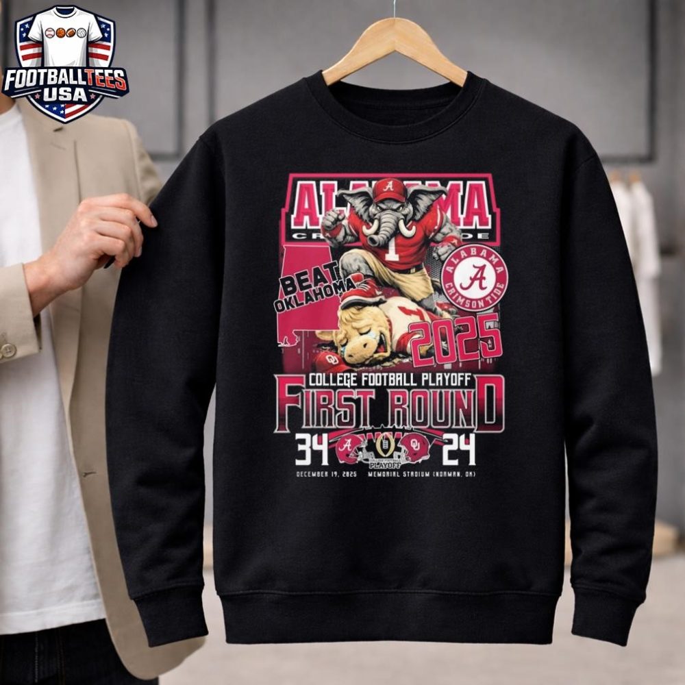Alabama Beat Oklahoma 2025 College Football Playoff First Bound 34-24 Mascot T-Shirt - Image 2