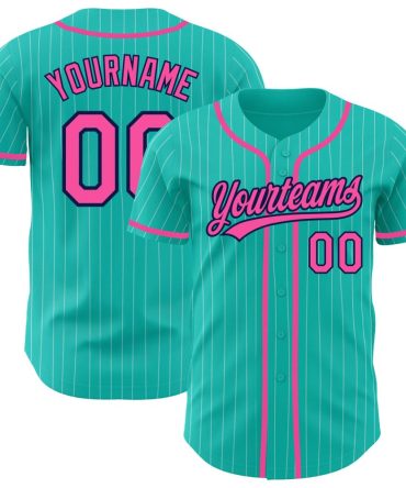 Custom Aqua White Pinstripe Pink-Navy Authentic Baseball Jersey