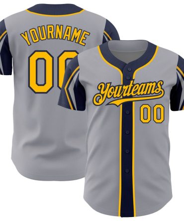 Custom Gray Gold-Navy 3 Colors Arm Shapes Authentic Baseball Jersey