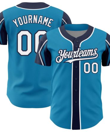 Custom Panther Blue White-Navy 3 Colors Arm Shapes Authentic Baseball Jersey