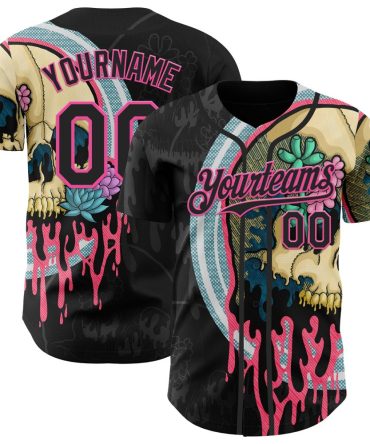 Custom Black Pink 3D Illymakes Drippy Succulent Skull Authentic Baseball Jersey