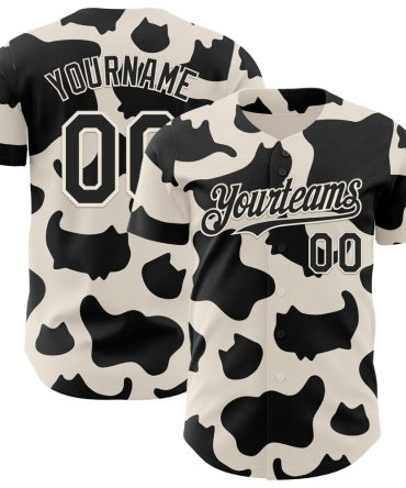 Custom Black Black-Cream 3D Tobe Fonseca Cow Pattern Cat Authentic Baseball Jersey