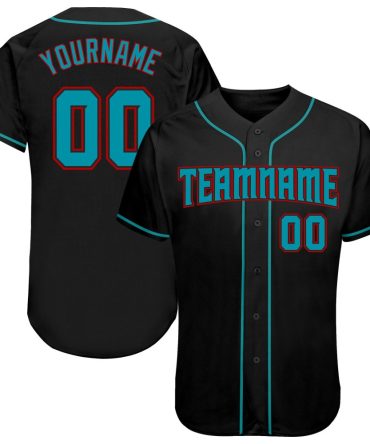 Custom Black Teal-Red Authentic Baseball Jersey