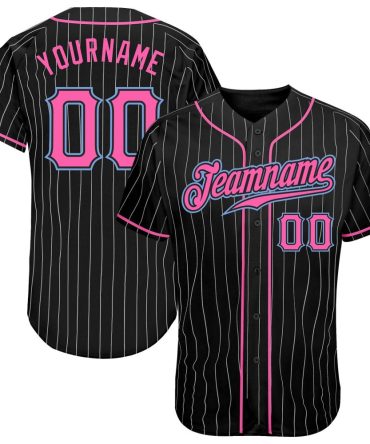 Custom Black White Pinstripe Pink-Light Blue Authentic Baseball Jersey
