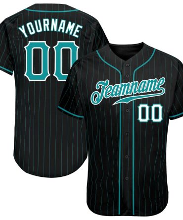 Custom Black Aqua Pinstripe Teal-White Authentic Baseball Jersey