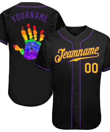 Custom Black Gold-Purple Rainbow Colored Hand For Pride Lgbt Authentic Baseball Jersey